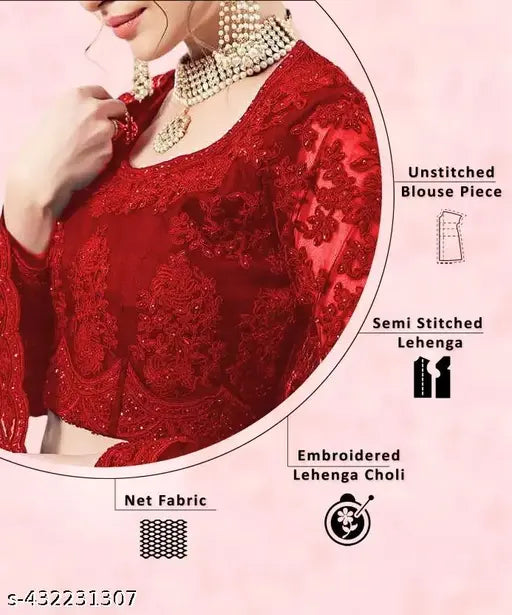 Red embroidered net wedding lehenga choli and dupatta, traditional Indian bridal attire for semi-stitched outfit (44waist, 42length, 12duppatta)