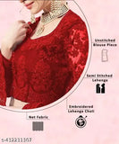 Red embroidered net wedding lehenga choli and dupatta, traditional Indian bridal attire for semi-stitched outfit (44waist, 42length, 12duppatta)