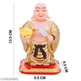 Golden plastic moving head Laughing Buddha with waving fan, solar powered decor for outdoor events