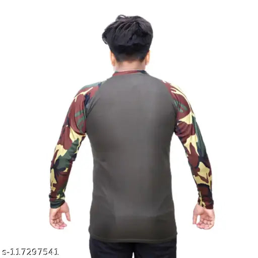 Olive green polyester men's army-style t-shirt with camouflage sleeves and chain design, suitable for activewear and casual wear