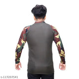 Olive green polyester men's army-style t-shirt with camouflage sleeves and chain design, suitable for activewear and casual wear