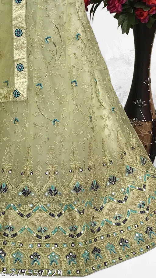 Green net embroidered Lehenga Choli Set with dupatta, free size, Indian-origin women's traditional attire for festivals