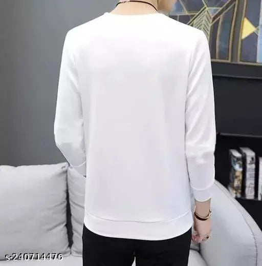 White polyester long sleeve alphabet typography t-shirt, My Life Line print with R alphabet, men's size M (Chest 40 in, Length 26.5 in)