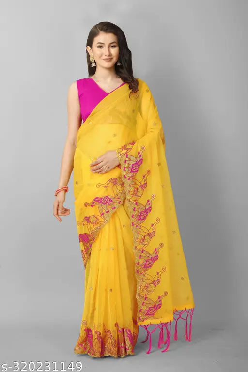 Embroidered saree with beautiful elephant design, super net fabric, free size, off white and mustard yellow colors