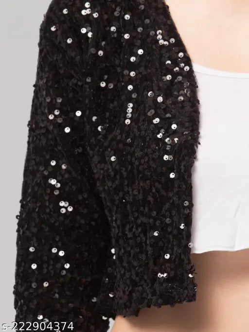 Velvet sequins jacket, embellished net pattern, three-quarter sleeves. Indian made fashion, perfect for parties and events