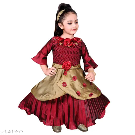 Red cotton blend embroidered long gown dress for girls, self-design net, three-quarter sleeves, festive party wear from Hariyal Creation
