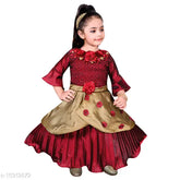 Red cotton blend embroidered long gown dress for girls, self-design net, three-quarter sleeves, festive party wear from Hariyal Creation