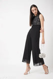 Black Georgette Boat Neck Solid Jumpsuit - Miss Chase Women's Wide Leg Sheer Embellished