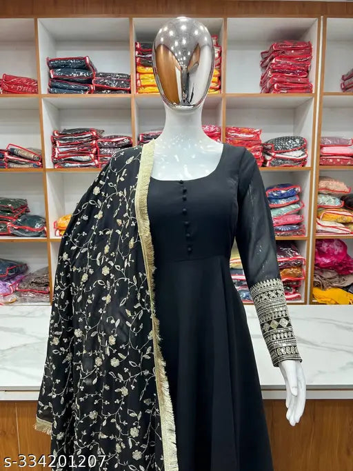 Stylish black embroidery work gown duppatta set on mannequin, georgette fabric with long sleeves, Indian handcrafted embellishments, size M for bust 36 in and length 55 in