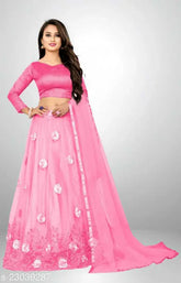 Aakarsha ensemble women's lehenga set: Art silk top with net bottom and embellished dupatta, free size, Indian origin