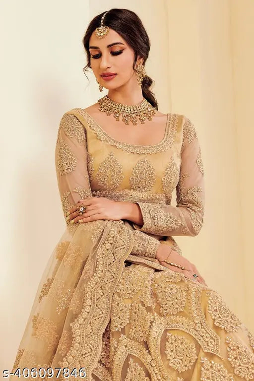 Indian Net Embroidered Lehenga Choli with Dupatta - Free Size, 44in waist, embellished designer wedding attire