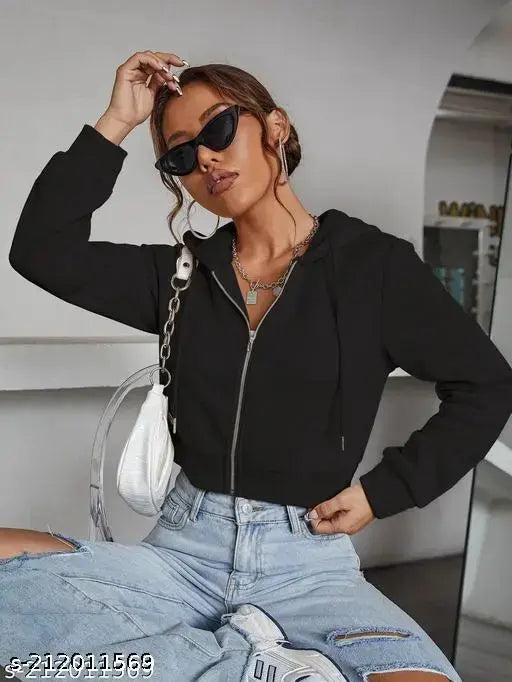 Black zipper crop jacket, women's fashion, India-made sizing XS to XXXL