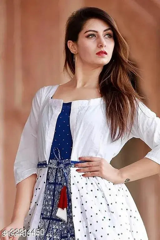 White and blue printed anarkali kurta, rayon three-quarter sleeves, Indian traditional women's fashion wear