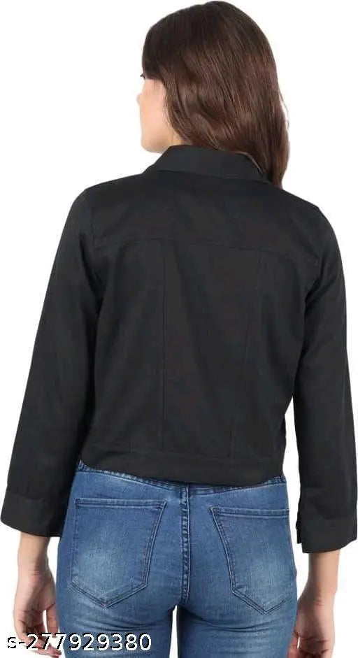 Black denim three-quarter sleeve women's jacket by M S Fashion House, solid pattern for size S, M, L, XL
