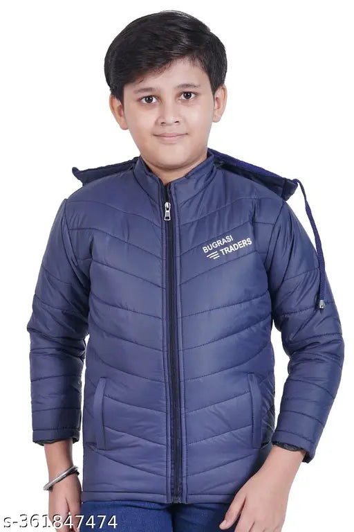 Blue polyester faux leather winter jacket for kids, featuring fancy full sleeves and solid pattern. Ideal for boys' active play and outdoor activities. Sizes 6-7 years and 7-8 years, made in India