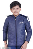 Blue polyester faux leather winter jacket for kids, featuring fancy full sleeves and solid pattern. Ideal for boys' active play and outdoor activities. Sizes 6-7 years and 7-8 years, made in India