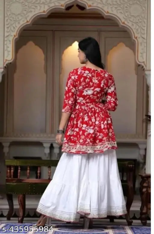 Red rayon printed kurta set with dupatta and bottomwear, three-quarter sleeves on model