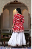 Red rayon printed kurta set with dupatta and bottomwear, three-quarter sleeves on model