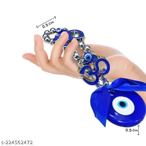 Blue Evil Eye Crystal Vastu Nazar Suraksha two Om Silver Beads wall hanging, Feng Shui decor for car/office protection, good luck, prosperity, Christmas gifts (India)