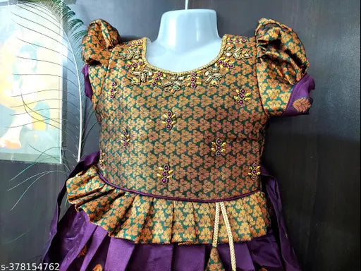 Silk knee-length frock with zari border, traditional Narayanpet Pattu for kids parties, ready-to-wear ethnic wear
