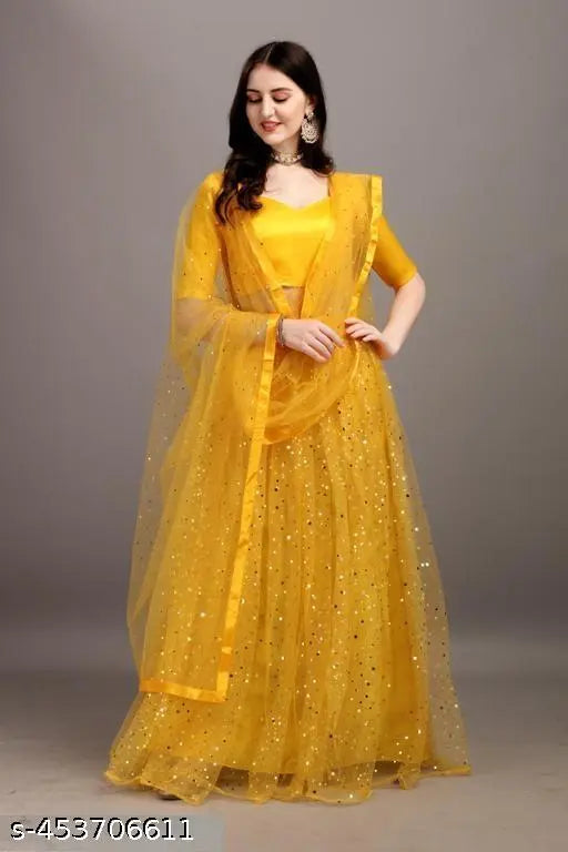 Yellow satin lehenga with net bottomwear and embellished dupatta, semi-stitched Indian traditional outfit on display