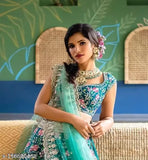 Teal foil applique lehenga set with aqua blue embroidered dupatta on mannequin