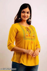 Mustard Georgette Rayon embroidered women's top, long sleeves, single size options available