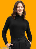 Women's long-sleeve turtleneck Lycra t-shirt, solid pattern in XS (30in bust, 18in length), M (32in bust, 19in length), L (34in bust, 20in length), XL (36in bust, 21in length), XXL (38in bust, 22in length), XXXL (40in bust, 23in length) - India-made fashion for elegance and comfort