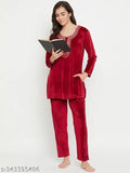 Women's Velvet Winter Kurti & Pajama Set, Kashmiri design. Soft, comfortable, and breathable velvet sleepwear for women's lounge wear, featuring a printed two-piece night suit set with full elastic waistband for relaxed fit. Ideal for casual, home, sleep, or winter wear. Made in India