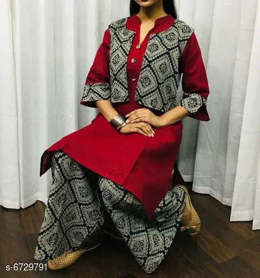 Rayon solid long kurti with palazzos, women's three-quarter sleeve set in India