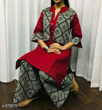 Rayon solid long kurti with palazzos, women's three-quarter sleeve set in India