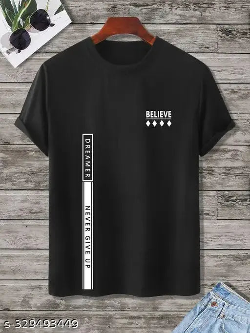 Black 100 Cotton Blend T-Shirt with Dreamer Never Give Up, Believe Print - Motivational casual wear
