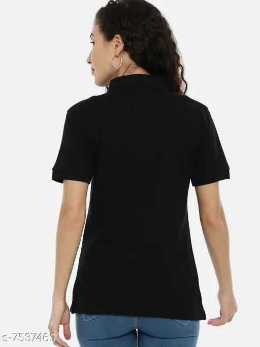 Cotton collared T-shirt for women by Cottsberry, solid design, short sleeves, size XS (bust 16in, length 23in), made in India