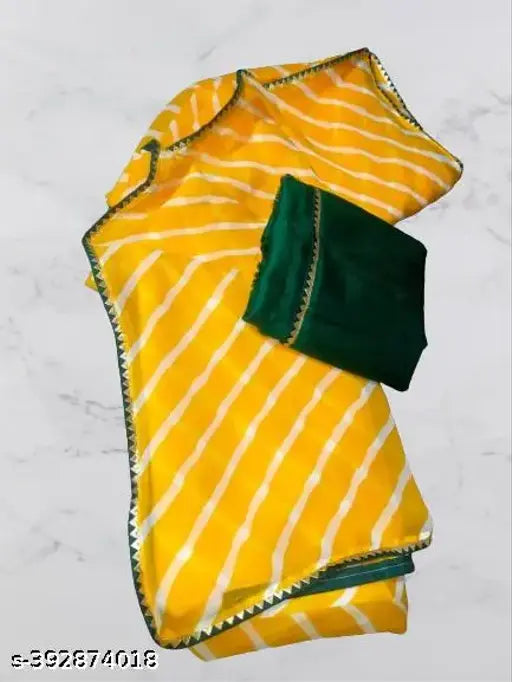 Yellow Georgette Leheriya partywear saree with green blouse, trending fashion for special occasions, Indian-made Saree in free size