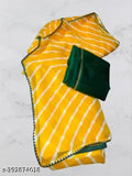 Yellow Georgette Leheriya partywear saree with green blouse, trending fashion for special occasions, Indian-made Saree in free size