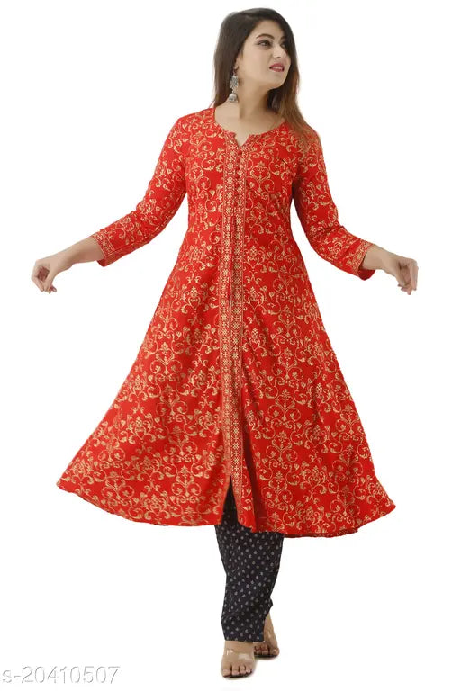Multi-color rayon kurti palazz set for women & girls, featuring printed net design and three-quarter sleeves, available in various sizes from S to XXXL. Indian handcrafted fashion on display