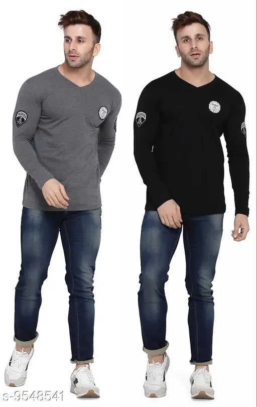 Grey Melange Cotton Blend Long Sleeve V-neck T-shirts Pack 2 - Geum Men's Self-Design, perfect for stylish fashion