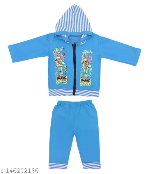 Cotton baby hooded t-shirt & jogger set (2 pack), printed pattern on long sleeves, sizes: 0-3M, 3-6M, 6-9M, 9-12M. Made in India