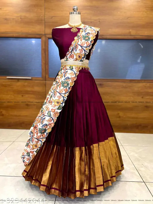 Trendy South Indian half saree for women in art silk, unstitched lehenga (40 waist, 42 length), embroidered dupatta, lace-trimmed, belt available, best quality fabric from India