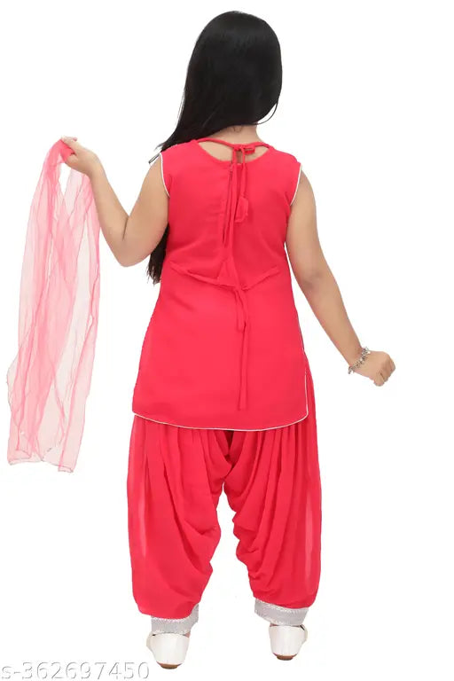 Red Georgette Patiyala Salwar Kurti Set for Girls, embellished with stone and mirror work, quality checked for best fit