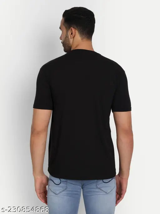 Black cotton blend Zeffit round neck men's t-shirt, printed design on chest, short sleeves, size M (36in x 26in), daily wear, casual outings, gym exercise