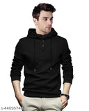 Black cotton blend hooded neck full sleeve t-shirt for men, regular fit and solid pattern