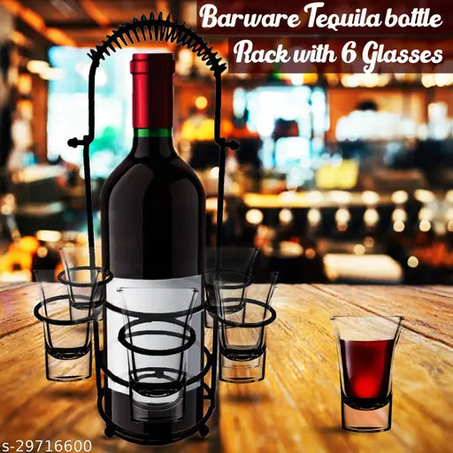 Stainless steel Fancy Racks & Holders with 6 shot glasses & bottle holder, sleek matte black finish, perfect for holiday tables