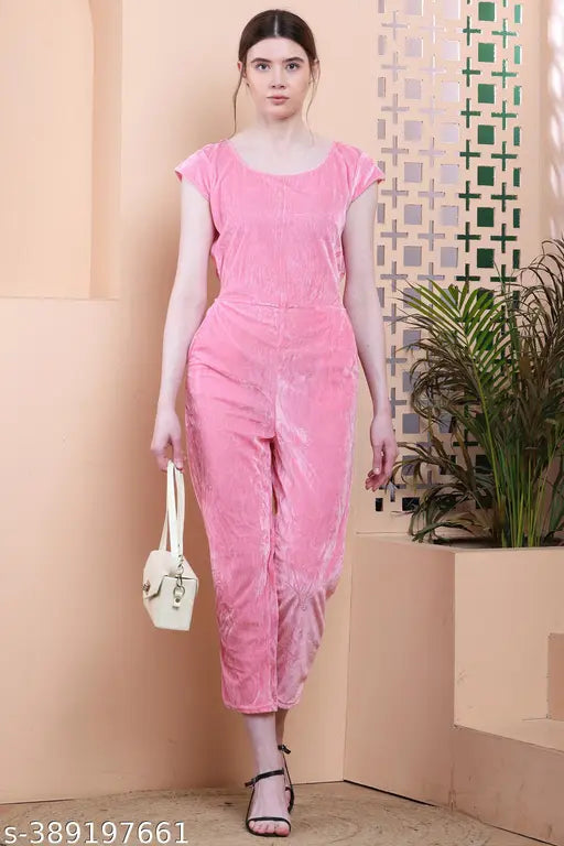 Light pink velvet cap sleeves jumpsuit, solid pattern, Indian-made women's fashion