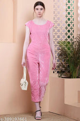 Light pink velvet cap sleeves jumpsuit, solid pattern women's formal wear, Vivient brand, India origin
