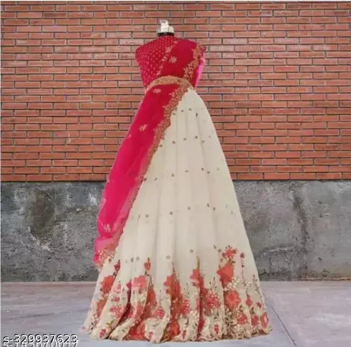 Embroidered Dupion silk and net lehenga with choli and dupatta, free size, Indian traditional wear