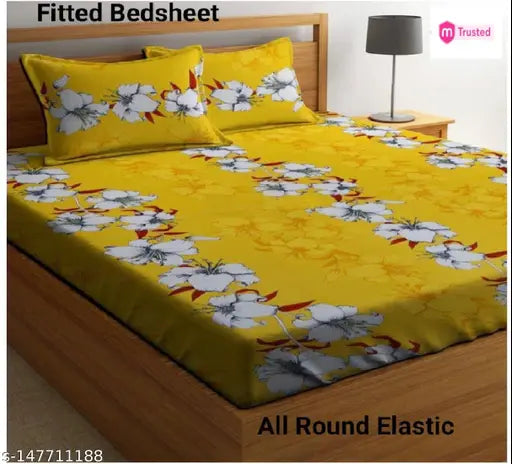 Yellow premium cotton elastic fitted bedsheets with 2 king size pillow covers, 72" x 78" + 10", double bed, 180 TC supersoft