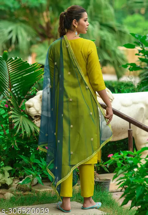 Lemon cotton blend embroidered kurta set with palazzos and dupatta. Women's fashionable straight kurta, three-quarter sleeves, pack of 3 sizes: S-XXL