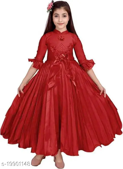 Maroon silk blend frock for girls, solid pattern, three-quarter sleeves, India origin