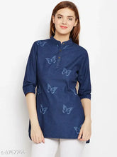 Navy blue laser-printed denim tunic, three-quarter sleeves, women's fashion apparel from Avyanna Stylis